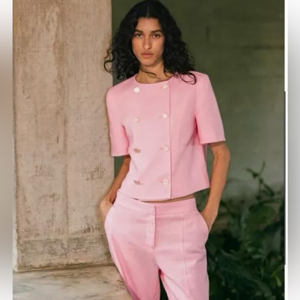 Zara Pink Women’s Linen Blazer XS New With Tags Short Sleeve
